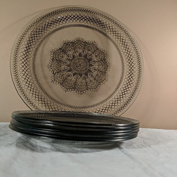 1951 Chance Glass Serving Plate and 6 dessert plates, set of 7 Black Lace - Picture 10 of 13